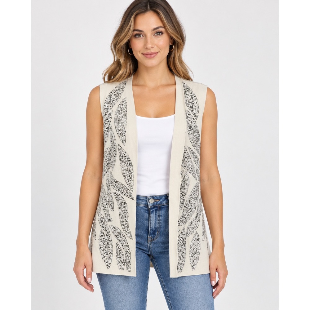 Vocal Faux Suede Vest Womens Small Beige Rhinestone Leaf Open Front Western NWT